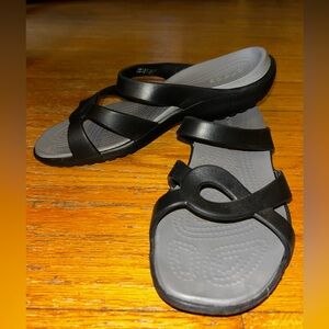 Gray and Black Crocs Sandals